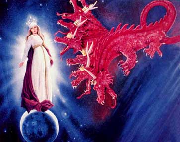A woman, clothed with the sun, with the moon at her feet - another sign - an enormous red dragon