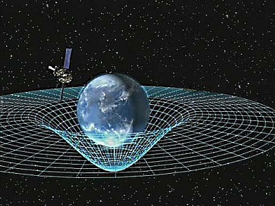 Artist's depiction of Earth curving space according to Einstein's theory of General Relativity while satellite GPB orbits